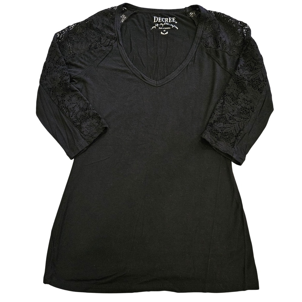 Decree Womens Black V-Neck Top 3/4 Lace Sleeve Rayon Blend Size Medium